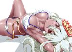  1girl :o armpits bikini breasts collarbone dark_skin flower granblue_fantasy hair_between_eyes hair_flower hair_ornament kimura_neito long_hair looking_at_viewer lying medium_breasts on_back orange_eyes shiny shiny_skin simple_background solo swimsuit the_order_grande upside-down white_background white_bikini white_hair 