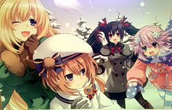  beret blanc blonde_hair blue_eyes choujigen_game_neptune coat gloves hair_ornament hat highres light_brown_hair long_hair mittens neptune_(choujigen_game_neptune) neptune_(series) noire one_eye_closed open_mouth pantyhose print_gloves print_scarf purple_hair red_eyes ribbon scarf short_hair smile snow snowball star star_print striped striped_legwear tsunako twintails vert violet_eyes winter_clothes winter_coat 