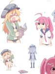  /\/\/\ 3girls ? ahoge bikini bismarck_(kantai_collection) black_bikini black_eyes blonde_hair blue_eyes closed_mouth clothes_writing commentary_request empty_eyes frown hat i-168_(kantai_collection) jacket kantai_collection long_hair long_sleeves multiple_girls o_o one-piece_swimsuit open_mouth peaked_cap pink_hair prinz_eugen_(kantai_collection) school_swimsuit school_uniform serafuku silver_bell_(artist) simple_background smile swimsuit swimsuit_under_clothes track_jacket twintails white_background 