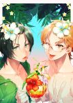  2boys ;) ;p bendy_straw blue_eyes brown_eyes drinking_straw flower glasses gradient gradient_background green_eyes green_hair hair_flower hair_ornament hibiscus hood hoodie jacket juuouin_kakeru king_of_prism_by_prettyrhythm kougami_taiga looking_at_viewer male_focus mr0308 multiple_boys one_eye_closed open_clothes open_jacket pretty_rhythm shirtless smile tongue tongue_out v 