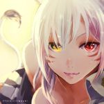  1girl animal_ears artist_name backlighting breasts cat_ears cleavage copyright_name facial_mark final_fantasy final_fantasy_xiv heterochromia lili_mdoki lips looking_at_viewer lying miqo&#039;te on_stomach pink_hair red_eyes solo tail yellow_eyes 