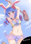  1girl animal_ears armpits arms_up bikini bikini_skirt blood blood_stain blue_hair blush bow braid breasts cowboy_shot flower groin hair_bow hair_flower hair_ornament heart heart-shaped_pupils hibiscus jpeg_artifacts leg_up mallet navel open_mouth puuakachan rabbit_ears red_eyes see-through seiran_(touhou) solo swimsuit symbol-shaped_pupils thigh_gap touhou translated 