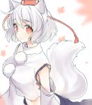  1girl animal_ears bare_shoulders closed_mouth detached_sleeves hat highres inubashiri_momiji leaf maple_leaf mugicha0929 navel pom_pom_(clothes) red_eyes short_hair sketch solo tail tokin_hat touhou white_hair wide_sleeves wolf_ears wolf_tail 