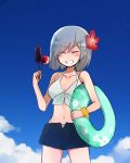  1girl annin_musou bangs blue_sky breasts candy_apple closed_eyes clouds flower food front-tie_top grey_hair grin hair_flower hair_ornament hairclip hamakaze_(kantai_collection) highres holding holding_food innertube kantai_collection large_breasts midriff navel scrunchie shirt short_hair shorts sketch skewer sky smile solo squid tied_shirt wrist_scrunchie 