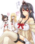  &gt;:) 3girls :d =_= alternate_costume alternate_hairstyle bare_shoulders black_hair blue_eyes blush blush_stickers bow braid breasts carrying cleavage collarbone commentary_request corset cosplay costume_switch crossed_legs crown detached_sleeves dress flower french_braid fusou_(kantai_collection) fusou_(kantai_collection)_(cosplay) garter_straps hair_bow hair_ornament hair_ribbon hairband hands_on_hips kantai_collection kuon_(nokokopopo) large_breasts light_brown_hair long_hair low_ponytail mini_crown multiple_girls nontraditional_miko off-shoulder_dress off_shoulder open_mouth pleated_skirt red_eyes ribbon rose simple_background sitting skirt smile smug translated warspite_(kantai_collection) warspite_(kantai_collection)_(cosplay) white_background white_legwear yamashiro_(kantai_collection) 