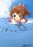  1girl :3 blue_sky brown_hair chibi clouds eiru0517 hair_ornament hairclip highres i-401_(kantai_collection) innertube kantai_collection one-piece_swimsuit partially_submerged ponytail school_uniform short_ponytail sky solo swimsuit swimsuit_under_clothes tan twitter_username water 