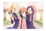  3girls ayase_eli black_hair blonde_hair blurry bow bowtie braid cardigan cherry_blossoms closed_eyes depth_of_field diploma girl_sandwich graduation grin hair_bow hair_ornament hair_scrunchie hand_on_another&#039;s_head happy_tears jacket kurosujuu long_hair love_live! love_live!_school_idol_project multiple_girls open_mouth petals ponytail purple_hair sandwiched school_uniform scrunchie short_hair side_braid smile striped striped_bow striped_bowtie tears toujou_nozomi tree tube twintails wind wiping_tears yazawa_nico 
