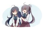  2girls ahoge annin_musou asashimo_(kantai_collection) ascot brown_eyes brown_hair cheek_poking dress failure_penguin fang grey_eyes grey_hair hand_on_hip hands_together kantai_collection kiyoshimo_(kantai_collection) long_hair low_twintails multiple_girls one_eye_closed open_mouth poking ponytail puppet shirt simple_background sleeveless sleeveless_dress smile twintails v-arms 