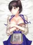  bangs blue_hakama blush breasts brown_eyes brown_hair commentary_request covering covering_breasts crossed_arms hakama japanese_clothes kaga_(kantai_collection) kantai_collection kfr large_breasts long_sleeves looking_at_viewer on_bed open_clothes short_hair side_ponytail sweat tasuki yugake 
