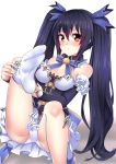  1girl bare_shoulders black_hair breasts cleavage go-it hair_ornament long_hair neptune_(series) noire open_mouth panties pantyshot red_eyes ribbon solo twintails underwear white_panties 