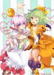  2girls ;d ahoge book boots bow braid breasts cleavage copyright_name crown_braid cyclamen_(flower_knight_girl) dress flower_knight_girl food_themed_clothes food_themed_hair_ornament ghost green_hair hair_bow hair_ornament hair_ribbon heart ibuki_hasu knee_boots lavender_hair looking_at_viewer multiple_girls one_eye_closed open_mouth orange_boots orange_eyes orange_skirt panties pepo_(flower_knight_girl) pink_bow pumpkin_hair_ornament purple_legwear ribbon short_hair skirt smile striped striped_background thigh-highs twitter_username underwear violet_eyes white_dress yellow_bow yellow_panties 