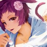  1girl animal_ears artist_name cat_ears collarbone copyright_name fangs final_fantasy final_fantasy_xiv flower hair_flower hair_ornament holding lili_mdoki lips looking_at_viewer miqo&#039;te mole mole_under_eye open_mouth petals purple_hair short_hair smile solo tail violet_eyes 