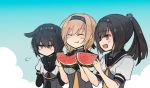  3girls akizuki_(kantai_collection) annin_musou bangs blonde_hair blue_sky bodysuit brown_eyes brown_hair closed_eyes commentary_request eating eyebrows eyebrows_visible_through_hair food fruit grey_eyes hachimaki hair_flaps hairband hatsuzuki_(kantai_collection) headband holding holding_food kantai_collection long_hair multiple_girls neckerchief open_mouth ponytail school_uniform serafuku short_hair sidelocks sketch sky smile teruzuki_(kantai_collection) translated upper_body watermelon 