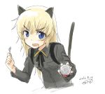 1girl animal_ears backpack bag black_ribbon blonde_hair blue_eyes blush breasts cat_ears cat_tail dated drooling fang helma_lennartz holding long_hair long_sleeves looking_at_viewer makaze_(t-junction) military military_uniform open_mouth ribbon signature simple_background solo strike_witches tail tin_can uniform white_background world_witches_series 