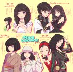  6+girls bare_shoulders black_gloves black_hair bow bracelet cross directional_arrow earrings gloves hairband hat hat_tip japanese_clothes jewelry katou_sami kimono microphone multiple_girls multiple_persona nakamori_akina open_mouth real_life scarf smile striped striped_scarf translation_request violet_eyes wavy_hair 
