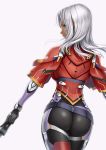  1girl armor ass belt blue_eyes bodysuit commentary_request dark_skin elma_(xenoblade_x) female from_behind gloves gun long_hair looking_at_viewer looking_back solo tanaka_shoutarou weapon white_hair xenoblade_chronicles_x 