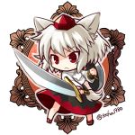  &gt;:( 1girl animal_ears chibi commentary_request full_body geta hat holding holding_sword holding_weapon inubashiri_momiji long_sleeves pom_pom_(clothes) red_eyes shield short_hair socha solo sword tail tokin_hat touhou twitter_username weapon white_hair wolf_ears wolf_girl wolf_tail 