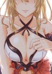  1girl bare_shoulders blonde_hair blush breasts cleavage collarbone criss-cross_halter dress granblue_fantasy halter_top halterneck head_out_of_frame large_breasts leaning_forward long_hair looking_at_viewer parted_lips presenting schizanthus_(artist) sidelocks smile solo upper_body vira white_background 
