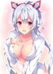 1girl :d ahoge breasts cleavage dress_shirt flying_sweatdrops hairband looking_at_viewer matoi_(pso2) milkpanda naked_shirt open_mouth phantasy_star phantasy_star_online_2 red_eyes shirt smile solo twintails white_hair 