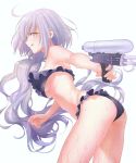  1girl :q ass bikini black_bikini breasts fate/grand_order fate_(series) jeanne_alter long_hair looking_at_viewer nipi27 ruler_(fate/apocrypha) ruler_(fate/grand_order) silver_hair simple_background smile solo swimsuit tongue tongue_out under_boob water_gun wet white_background yellow_eyes 
