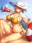  &gt;:( 1girl alternate_costume armpits bikini breasts cleavage closed_mouth collarbone commentary_request fate/grand_order fate_(series) florence_nightingale_(fate/grand_order) folded_ponytail groin hat highres innertube jewelry knee_up large_breasts looking_at_viewer megaphone melon22 navel necklace open_clothes open_shirt pink_hair red_eyes sand shiny shiny_skin shirt shirt_on_shoulders short_hair side-tie_bikini sideboob sitting solo stomach swimsuit thighs tsurime under_boob white_hat yellow_bikini 