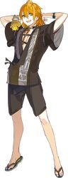  1boy animal animal_on_shoulder arai_teruko arms_behind_head green_eyes japanese_clothes kamekichi male_focus official_art open_mouth orange_hair sandals shorts smile touken_ranbu turtle urashima_kotetsu 