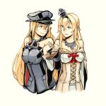  2016 2girls bangs bare_shoulders bismarck_(kantai_collection) blonde_hair blue_eyes braid breasts brown_gloves cleavage collarbone corset crown detached_sleeves dress flower french_braid gloves grin hair_between_eyes hairband hat jewelry kantai_collection long_hair long_sleeves looking_at_another medium_breasts military military_uniform mini_crown multiple_girls necklace off-shoulder_dress off_shoulder parted_lips peaked_cap red_ribbon red_rose ribbon rose side-by-side smile uniform warspite_(kantai_collection) wdm 