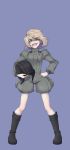  1girl bangs black_boots blonde_hair blue_background blue_eyes boots fang full_body girls_und_panzer hand_on_hip helmet highres holding holding_helmet katyusha long_sleeves looking_at_viewer m2b military military_uniform open_mouth puffy_pants short_hair short_jumpsuit simple_background smile solo standing tank_helmet uniform wind 