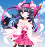  1girl :d bare_shoulders beads black_hair black_legwear bow clouds female flower flower_knight_girl hair_bow hair_flower hair_ornament hairband highres japanese_clothes kimono long_hair looking_at_viewer low-tied_long_hair masako_(sabotage-mode) open_mouth pantyhose pink_bow pink_skirt pleated_skirt shakuyaku_(flower_knight_girl) skirt sky smile solo staff violet_eyes 