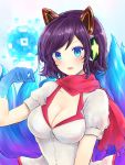  1girl ahri alternate_costume animal_ears arcade_ahri breasts cleavage collarbone fang fox_ears fox_tail furan_(marina6123) headphones highres large_breasts league_of_legends looking_at_viewer mole mole_under_eye multiple_tails open_mouth purple_hair red_scarf scarf short_hair solo tail violet_eyes 