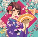  1girl bird brown_eyes brown_hair fan flower hair_flower hair_ornament holding japanese_clothes kimono lipstick looking_at_viewer makeup matsuo_hiromi obi original sash solo updo upper_body wisteria 