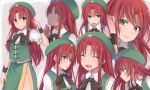  1girl asa_(coco) blush bow braid chinese_clothes closed_eyes expressions green_eyes hair_intakes hat hong_meiling long_hair redhead side_slit skirt skirt_set smile star touhou twin_braids wrist_cuffs 