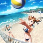  2girls arch arm_up arms_up ball barefoot beach beach_chair beach_umbrella beach_volleyball bikini black_bikini blue_bikini blue_sky breasts brown_eyes brown_hair cleavage clouds day green_eyes green_hair highres kaga_(kantai_collection) kantai_collection large_breasts motion_blur multiple_girls navel ocean open_mouth outdoors outstretched_arm parasol rock sand shadow shiny shiny_hair side_ponytail sky small_breasts sports_bikini standing swimsuit teeth towel tree twintails umbrella volleyball volleyball_net water yue_(tada_no_saboten) zuikaku_(kantai_collection) 