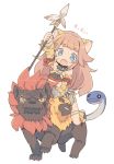  1girl animal_ears blade_(galaxist) blue_eyes blush chimera fang farfalia full_body goat lion lion_ears lion_tail long_hair monster open_mouth pink_hair polearm pop-up_story riding snake spear tail weapon 
