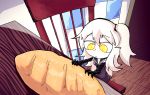  1girl aircraft_carrier_oni bread chair chibi claws commentary food gauntlets kantai_collection long_hair one_side_up setz shinkaisei-kan solo table white_hair white_skin yellow_eyes 