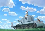  3girls aki_(girls_und_panzer) ankle_boots bangs blue_boots blue_skirt blunt_bangs blurry boots brown_eyes brown_hair bt-42 caterpillar_tracks closed_eyes closed_mouth clouds cloudy_sky day depth_of_field emblem girls_und_panzer grass green_eyes ground_vehicle hair_tie hands_in_pockets hat instrument kantele light_brown_hair long_hair long_sleeves mika_(girls_und_panzer) mikko_(girls_und_panzer) military military_uniform military_vehicle miniskirt motor_vehicle multiple_girls music on_vehicle outdoors pants pants_rolled_up pants_under_skirt playing_instrument pleated_skirt red_eyes redhead short_hair short_twintails sitting skirt sky smile standing tank track_jersey track_pants twintails twitter_username uniform yukiroku 