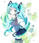  1girl aqua_hair detached_sleeves finger_to_mouth from_side green_eyes green_hair hatsune_miku headset highres long_hair looking_at_viewer pokemon skirt thigh-highs tsukiyo_(skymint) twintails very_long_hair vocaloid white_background 