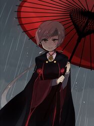  1girl annin_musou bangs black_clothes brown_eyes brown_hair chitose_(kantai_collection) eyebrows eyebrows_visible_through_hair grey_sky hair_ribbon haori headband holding holding_umbrella japanese_clothes kantai_collection looking_at_viewer rain ribbon shirt short_hair smile solo umbrella wide_sleeves 