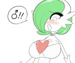  1boy artist_request bangs blush breasts eyebrows gardevoir green_eyes green_hair large_breasts lipstick makeup male_focus mega_gardevoir one_eye_closed open_mouth otoko_no_ko pokemon simple_background solo source_request speech_bubble swept_bangs tears upper_body white_background 