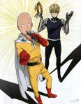  2boys absurdres boots cape cyborg genos gloves highres instrument karaoke microphone multiple_boys official_art one-punch_man red_boots red_gloves rubber_boots saitama_(one-punch_man) source_request superhero tambourine toda_mai 