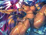  &gt;:o 1girl :o armpits ass_visible_through_thighs bracelet breasts commentary_request dark_skin earrings egyptian egyptian_clothes eyebrows eyebrows_visible_through_hair facial_mark fate/grand_order fate_(series) from_below hairband hoop_earrings jewelry large_breasts loincloth long_hair looking_away melon22 navel nitocris_(fate/grand_order) open_mouth revealing_clothes shiny shiny_skin solo spread_legs under_boob very_long_hair violet_eyes 