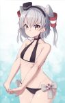  1girl 2016 alternate_costume alternate_hair_length alternate_hairstyle amatsukaze_(kantai_collection) bare_arms bare_shoulders bikini black_bikini black_hat blurry blush bow closed_mouth collarbone cowboy_shot dated depth_of_field eyebrows eyebrows_visible_through_hair eyelashes flat_chest grey_bow hair_tie hair_tubes hairband hat highres kantai_collection looking_at_viewer mini_hat mku short_hair short_twintails side-tie_bikini silver_hair smile solo standing stretch swimsuit twintails two_side_up 