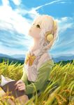  1girl antweiyi blue_sky book braid clouds day field green_eyes hair_ornament headphones highres holding holding_book long_hair looking_up open_book outdoors school_uniform sitting sky 
