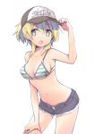  1girl :o baseball_cap bikini blonde_hair breasts cleavage clothes_writing english eyebrows eyebrows_visible_through_hair hair_between_eyes hand_on_headwear hat headwear_writing hidamari_sketch leaning_forward looking_at_viewer medium_breasts miyako navel open_mouth quro_(black_river) short_hair short_shorts shorts simple_background solo striped striped_bikini swimsuit swimsuit_under_clothes unbuttoned white_background yellow_eyes 