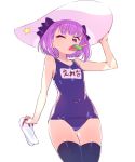  1girl ass_visible_through_thighs black_legwear bow breasts chan_co covered_navel cowboy_shot fate/grand_order fate_(series) hair_bow hand_on_headwear hat helena_blavatsky_(fate/grand_order) holding holding_shoes looking_at_viewer mouth_hold one_eye_closed popsicle purple_hair school_swimsuit shoes simple_background small_breasts solo star sun_hat swimsuit thigh-highs violet_eyes watermelon_bar white_background 