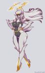  1girl absurdres arceus artist_name breasts female full_body furry glowing green_sclera halo hands_on_hips highres live_for_the_funk looking_at_viewer personification pokemon red_eyes silver_hair solo watermark web_address 