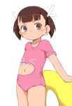  1girl blush brown_eyes brown_hair bubukka character_request eyebrows eyebrows_visible_through_hair navel pink_swimsuit short_hair short_twintails simple_background solo swimsuit twintails white_background 