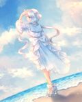  1girl beach blue_sky bow clouds dewgong dress dutch_angle facing_away full_body hairband high_heels highres horn jewelry looking_to_the_side moe_(hamhamham) necklace outdoors personification pokemon sky solo standing twintails white_bow white_dress 