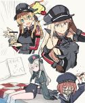  &gt;:d 4girls :d anchor_hair_ornament aqua_eyes bare_shoulders bismarck_(kantai_collection) blonde_hair blue_eyes blush_stickers brown_eyes closed_mouth clothes_writing cosplay emphasis_lines ezusuke face_mask garrison_cap gloves hair_ornament hair_ribbon hat iron_cross kantai_collection long_hair long_sleeves mad_max mad_max:_fury_road mask military military_uniform multiple_girls one_eye_closed open_mouth peaked_cap prinz_eugen_(kantai_collection) pun redhead ribbon ro-500_(kantai_collection) ro-500_(kantai_collection)_(cosplay) sailor_hat school_uniform short_hair smile translated u-511_(kantai_collection) uniform white_gloves z3_max_schultz_(kantai_collection) 