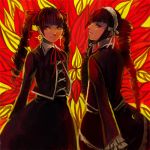  2girls bangs blunt_bangs celestia_ludenberck dangan_ronpa dangan_ronpa_1 dress drill_hair dual_persona earrings fire gothic_lolita hairband jewelry kisugae lolita_fashion lolita_hairband lowres multiple_girls red_eyes ribbon smile spoilers twin_drills 